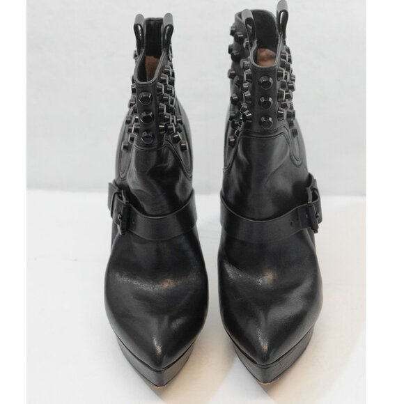 Michael Kors Black Leather Stiletto Bootie Goth Studded Pull On Biker Ankle Boot - Picture 16 of 16